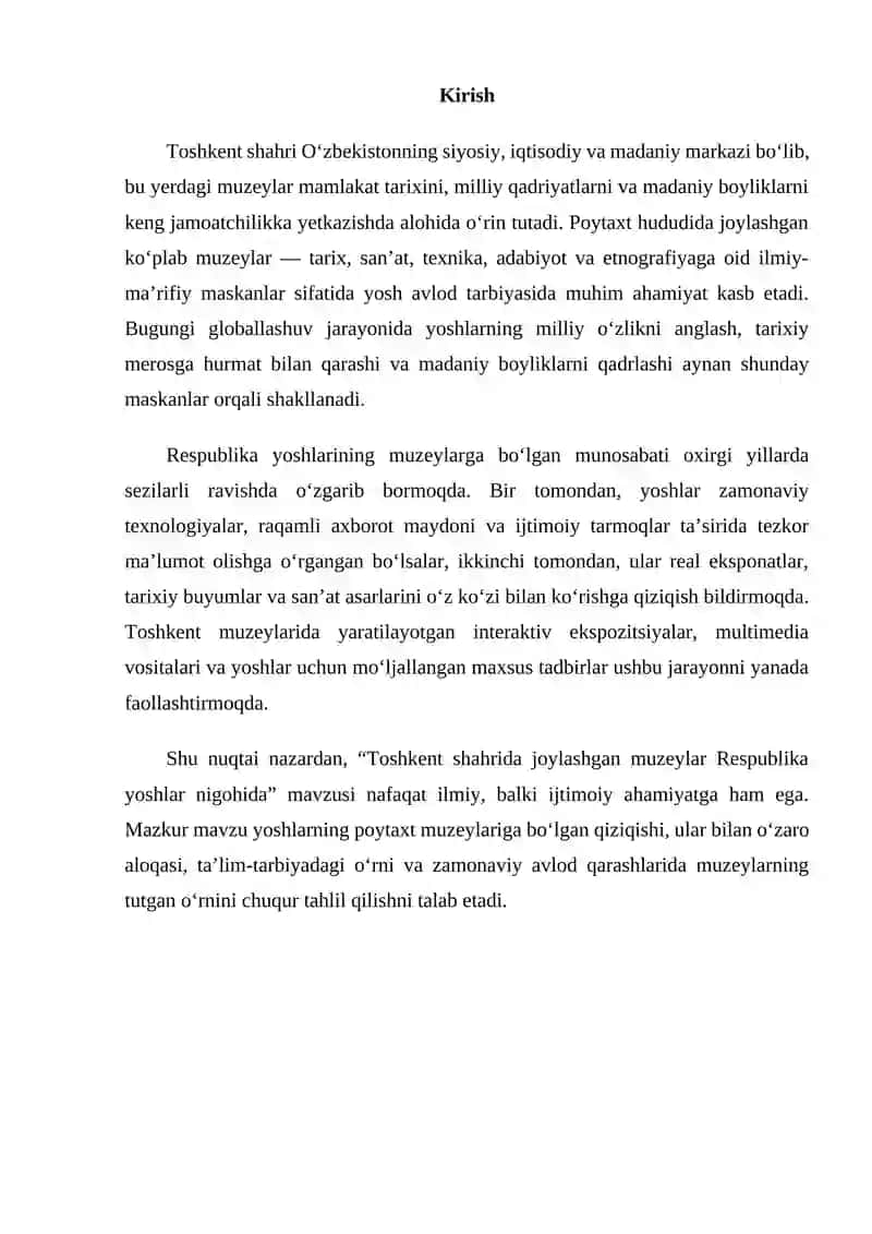 Toshkent shahrida joylashgan muzeylar Respublika yoshlar nigohida 2