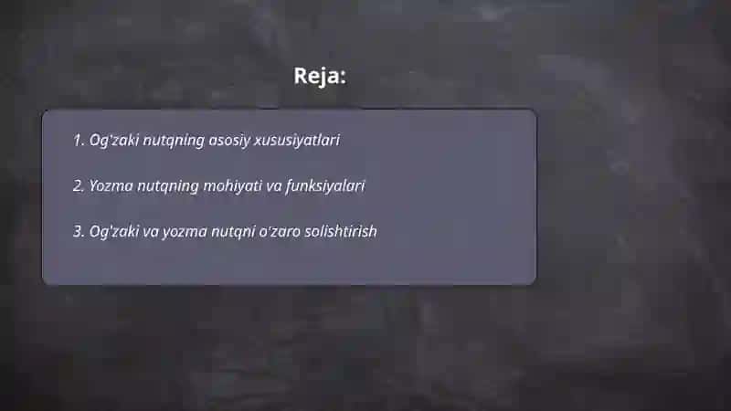 O'gzaki va yozma nutq.Yozish konikmalarini baholovchi test topshiriqlari bilan ishlash 2