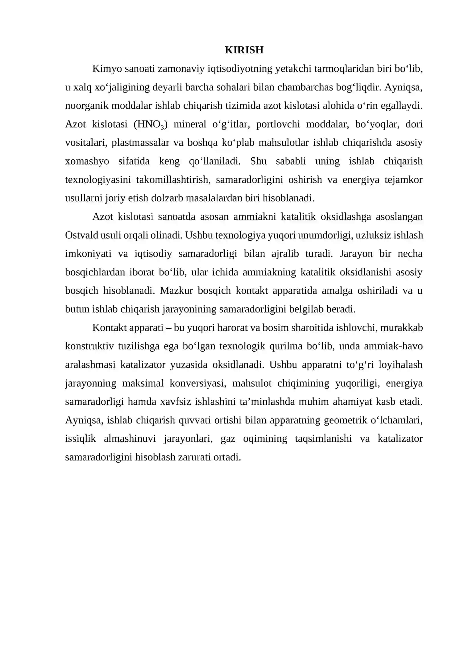 Azot kislotasi ishlab chiqarishda kontakt apparatini loyihalash. G=18000 kg/soat 2
