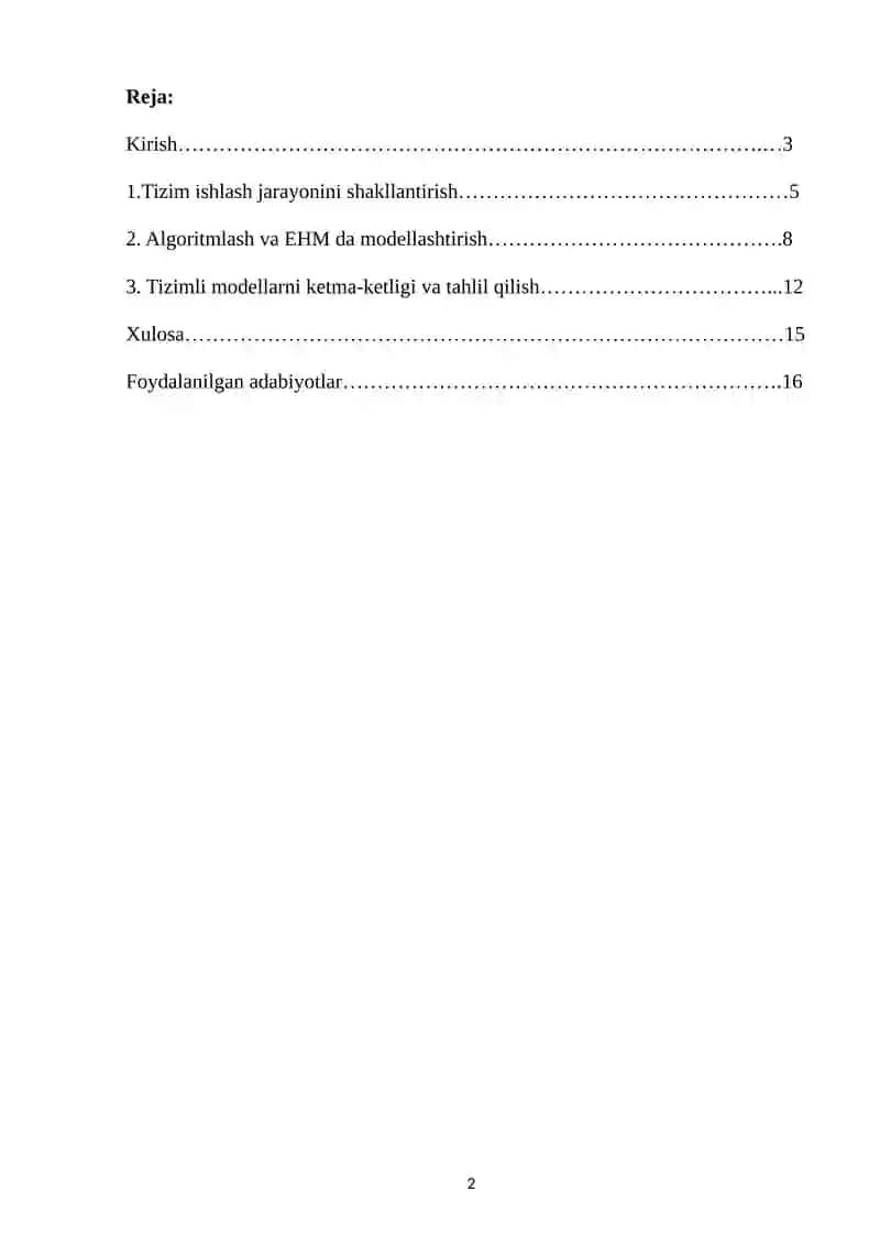 Tizimning ishlash jarayonini shakllantirish va algoritmlash 2