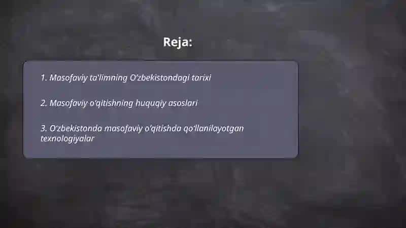 Oʻzbekiston respublikasida masofadan oʻqitishning rivojlanishi va sohada olib borilayotgan kompleks ilojlar 2