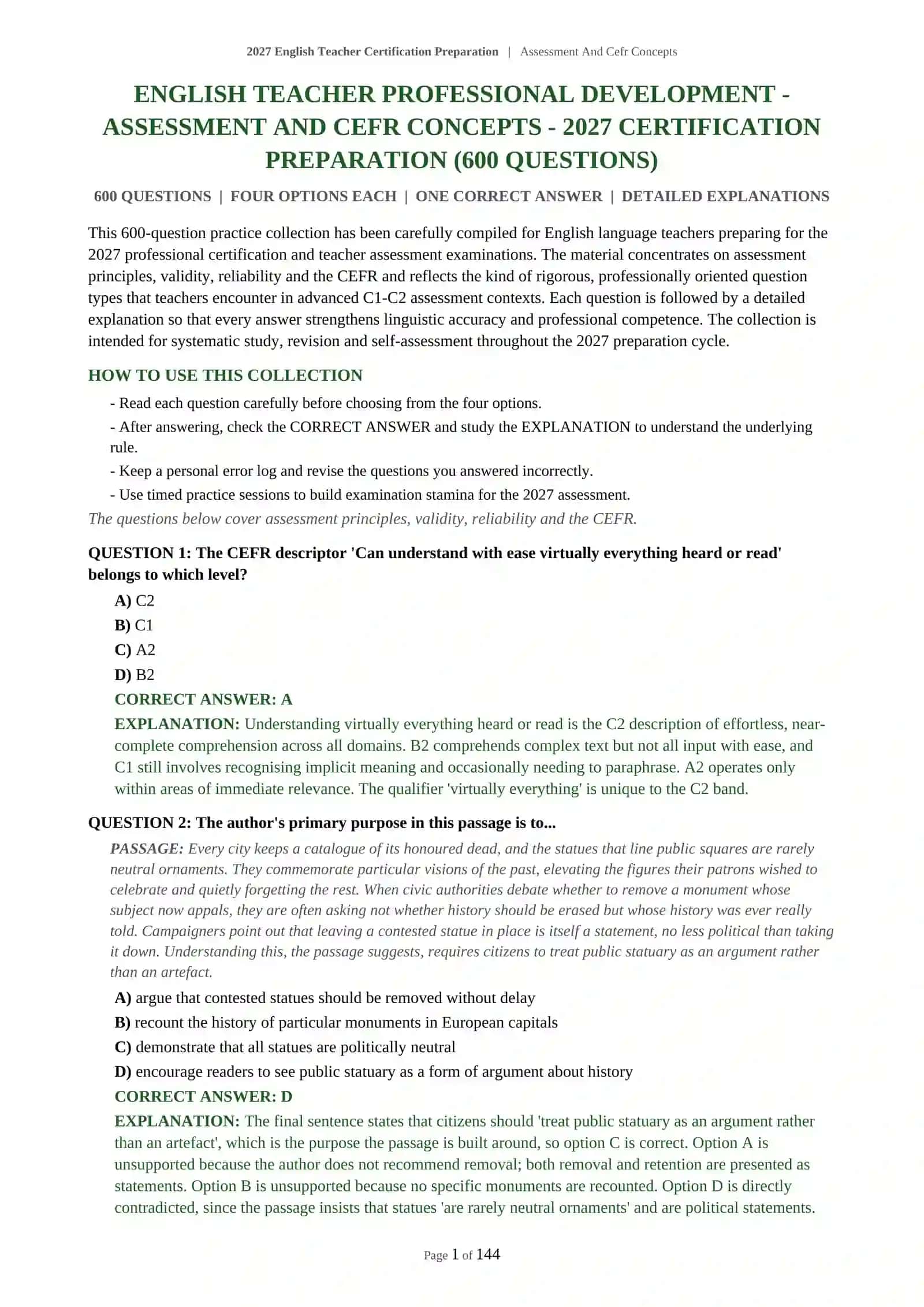 2027 English Teacher Certification Preparation | Assessment And Cefr Concepts 2
