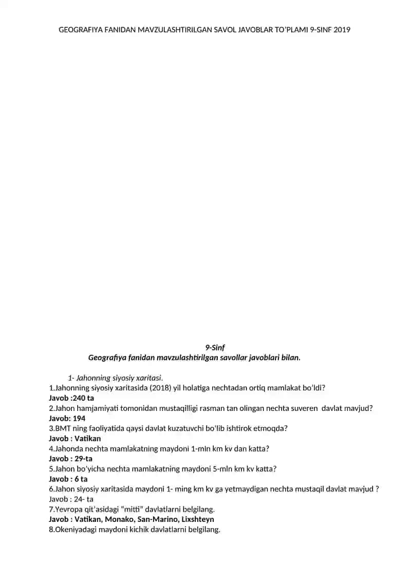 GEOGRAFIYA FANIDAN MAVZULASHTIRILGAN SAVOL JAVOBLAR TO’PLAMI 9-SINF 2019 2020 2
