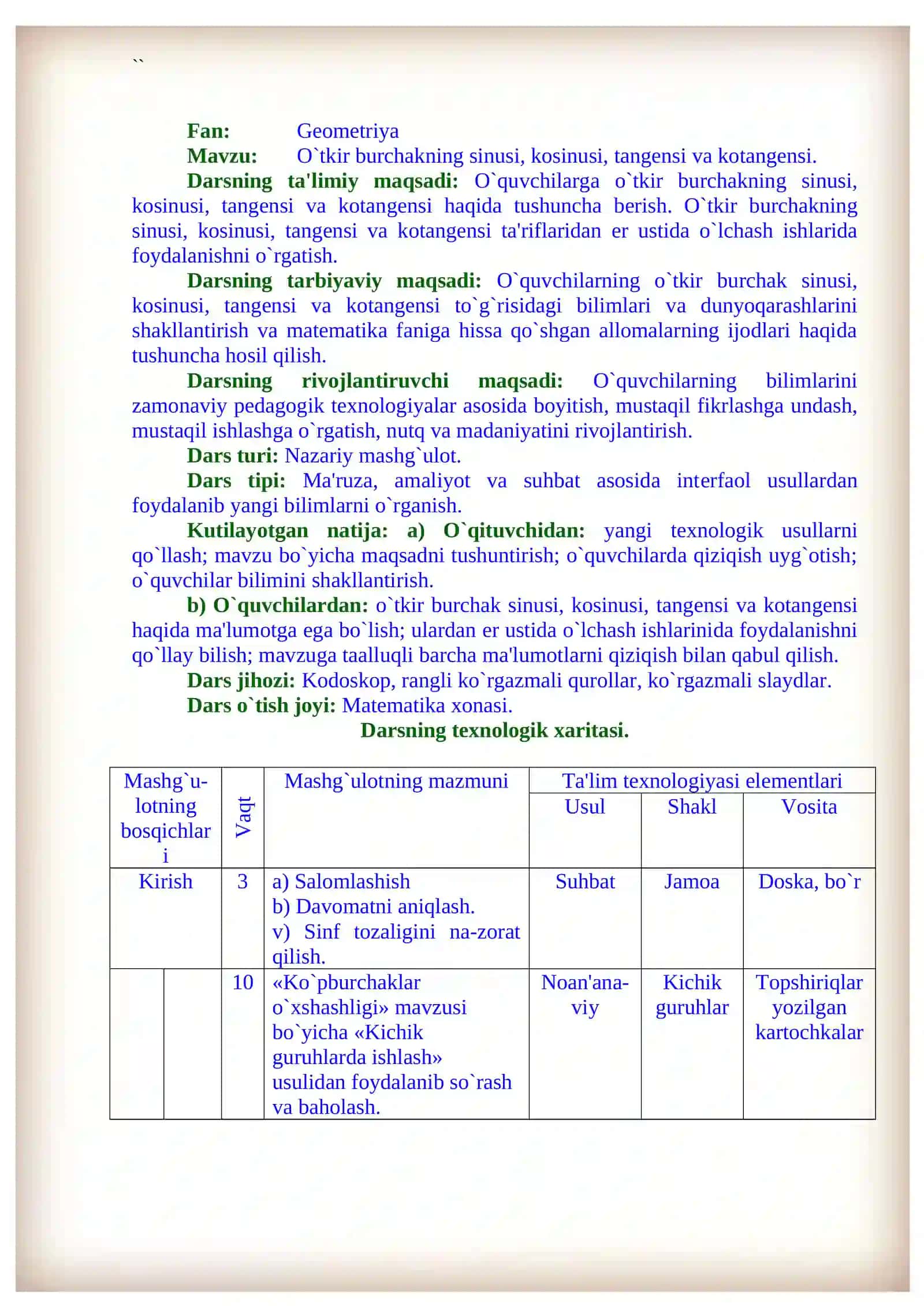 O`tkir burchakning sinusi, kosinusi, tangensi va kotangensi 2