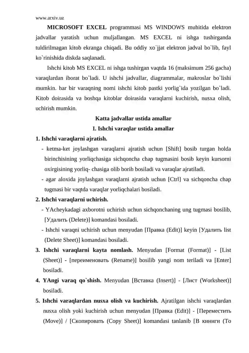 MICROSOFT EXCEL programmasi MS WINDOWS muhitida elektron jadvallar yaratish 2
