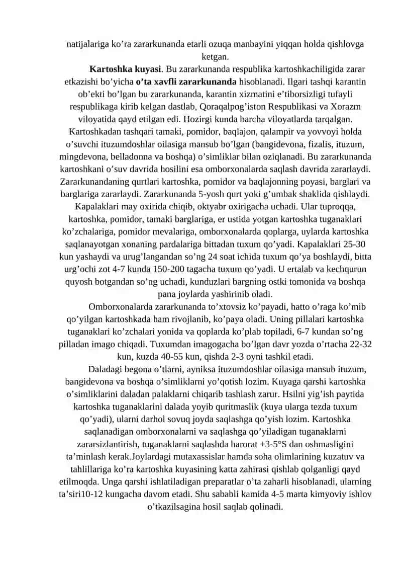 KARTOSHKANING SO’RUVCHI VA KEMIRUVCHI ZARARKUNANDALARI VA ULARGA QARSHI KURASH CORALARI 2