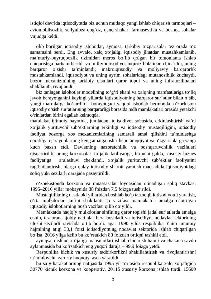 O‘zbekistonda iqtisodiy islohotlarning amalga oshirilishi, bozor munosabatlarining shakllanishi 2
