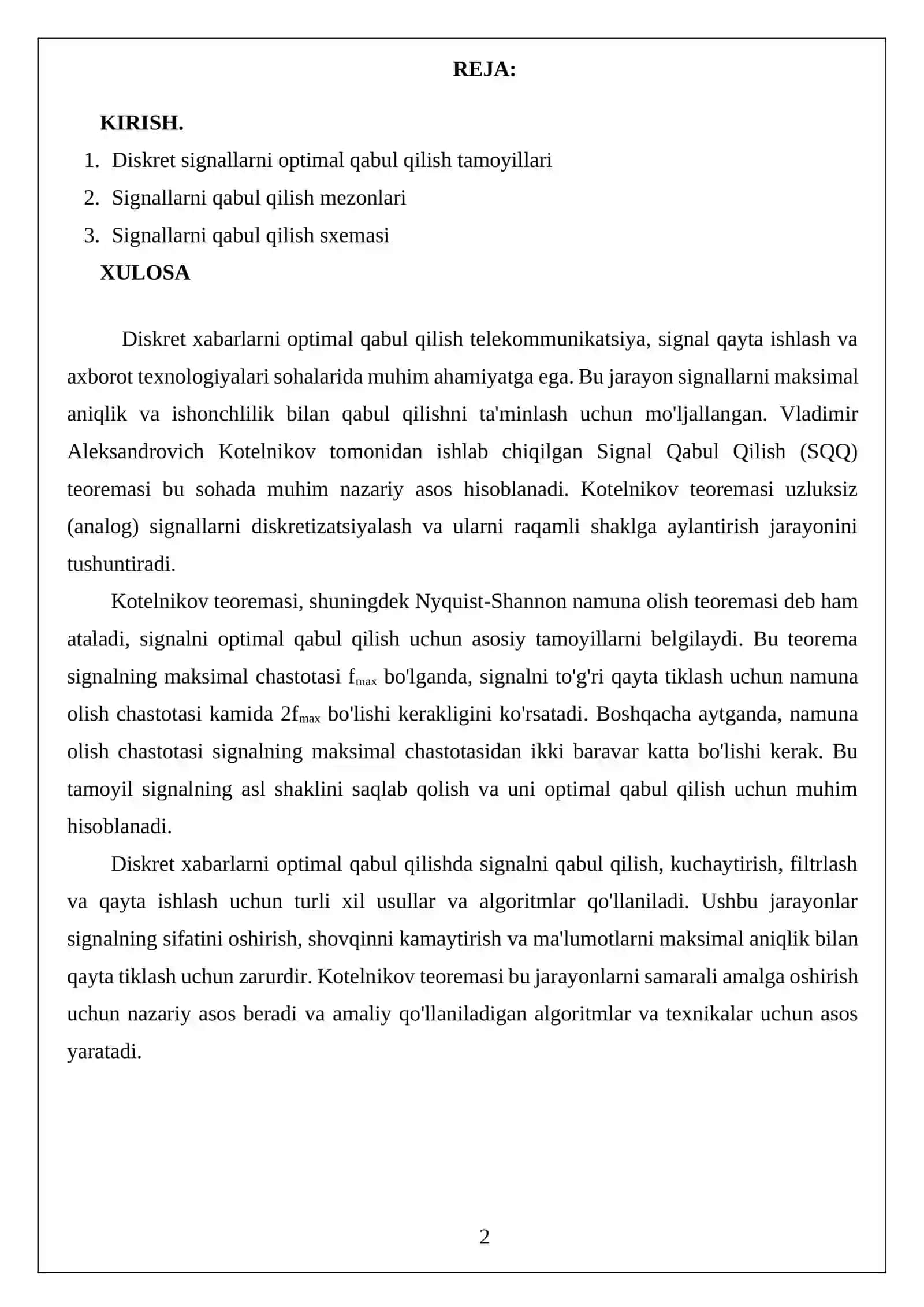 Diskret xabarlarni (signallarni) Kotelnikov SQQ yordamida optimal qabul qilish 2