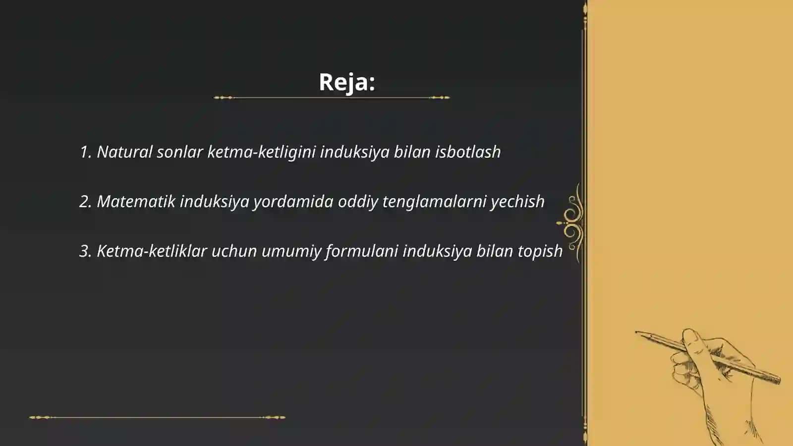 Matematik induksiya metodini qo'llashga oid misollar yechish 2