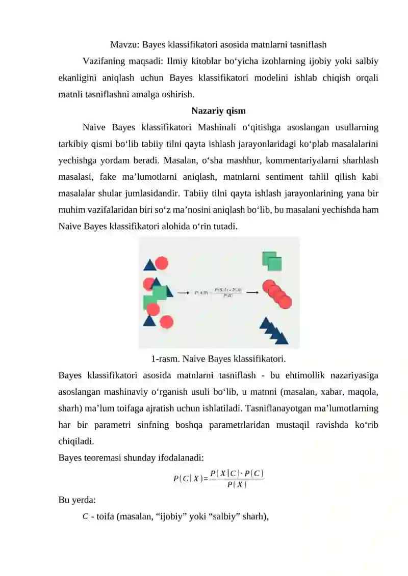 Bayes klassifikatori asosida matnlarni tasniflash 2