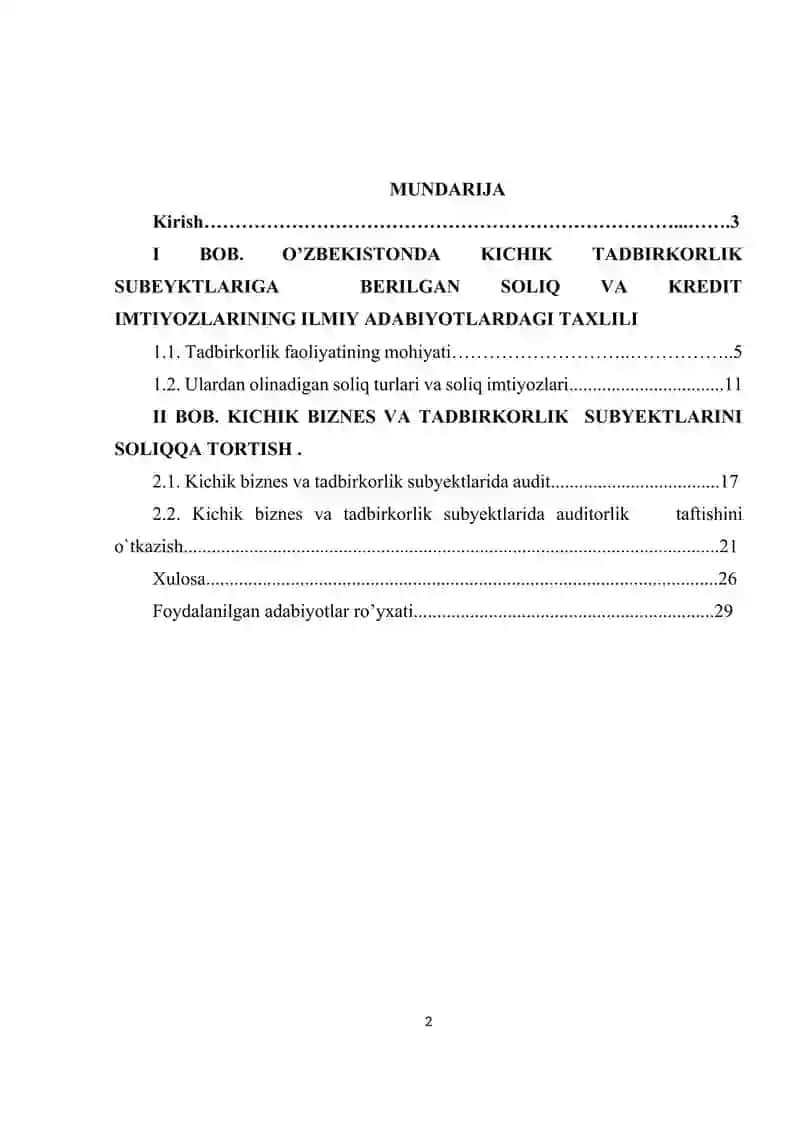 O’zbekistonda kichik tadbirkorlik subeyktlariga berilgan soliq va kredit imtiyozlari 2