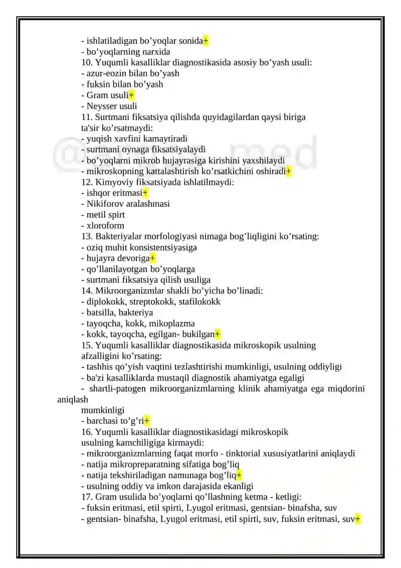Sanepidqo'm laboratoriyalari laboranti (Bakteriologik) mutaxassisligi bo'yicha shakllantirilgan test savollari ro'yxati 2