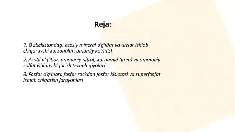 O'zbekiston mineral o'g'itlar va tuzlar ishlab chiqaruvchi kimyo sanoati korxonalari 2