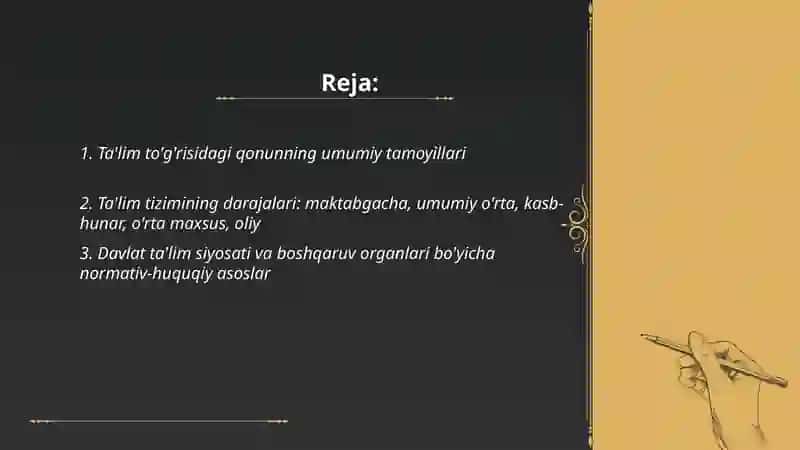Oʻzbekiston Respublikasi ta'lim tugʻrisidagi qonuni va ta'lim tizimi turlari Nishonova Sevinch 2