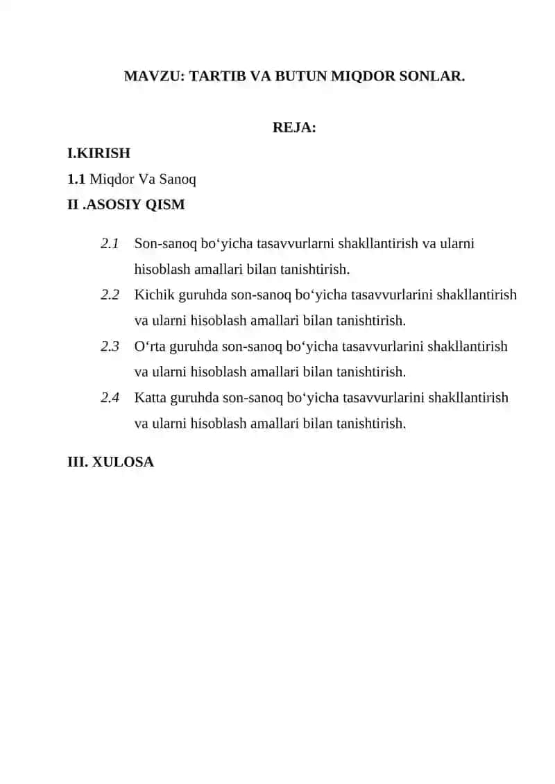 Elementar matematik tasavvurlarni shakllantirish, tartib va miqdor butun sonlar 2