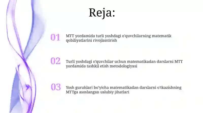 MTT turli yosh guruxlarda matematik mashğulotlar õtkazish texnalogiyasi va tashkil qilish 2