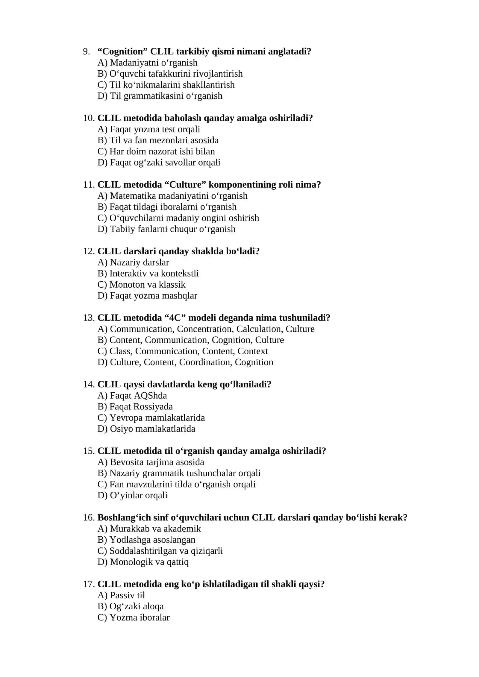 Boshlang`ich ta`limda CLIL texnologiyasi fani bo‘yicha yakuniy nazorat testi 2