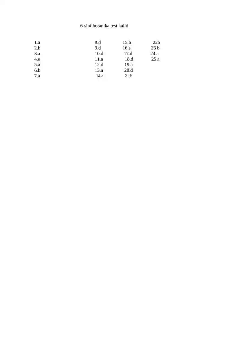 6-sinf Botanika fanidan 1-yarim yillik test savollari 2