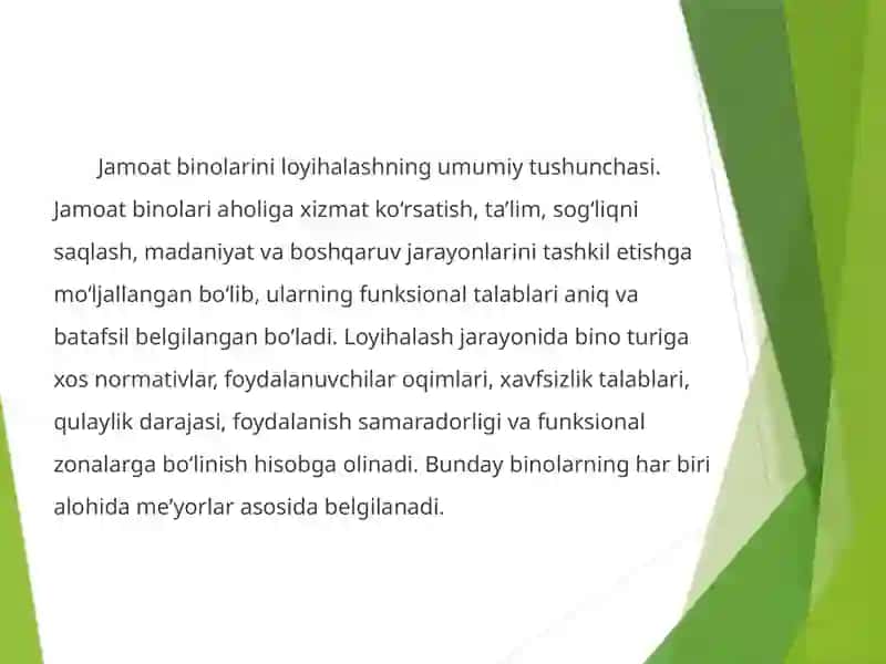 Jamoat binolarini loyihalash asoslari va ularga qo'yiladigan maxsus talablar. Jamoat binolarini hajmiy tarxiy loyixalash, asosiy, yordamchi, xizmat ko'rsatuvchi va kommunikatsion xonalar. 2