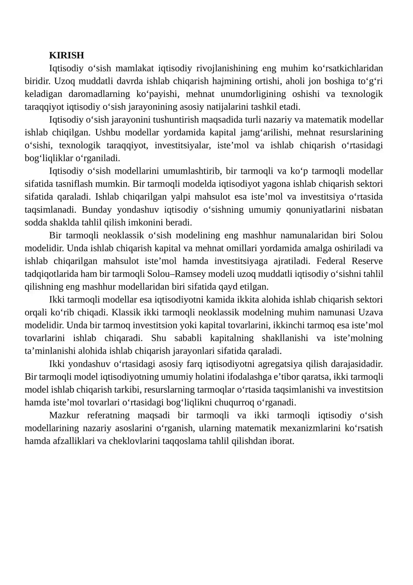 BIR TARMOQLI VA IKKI TARMOQLI IQTISODIY O‘SISH MODELLARI BO‘YICHA TAQQOSLAMA TAHLIL 2