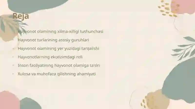 Hayvonot olamining xilma-xilligi va uning tabiatda tutgan oʻrni 2