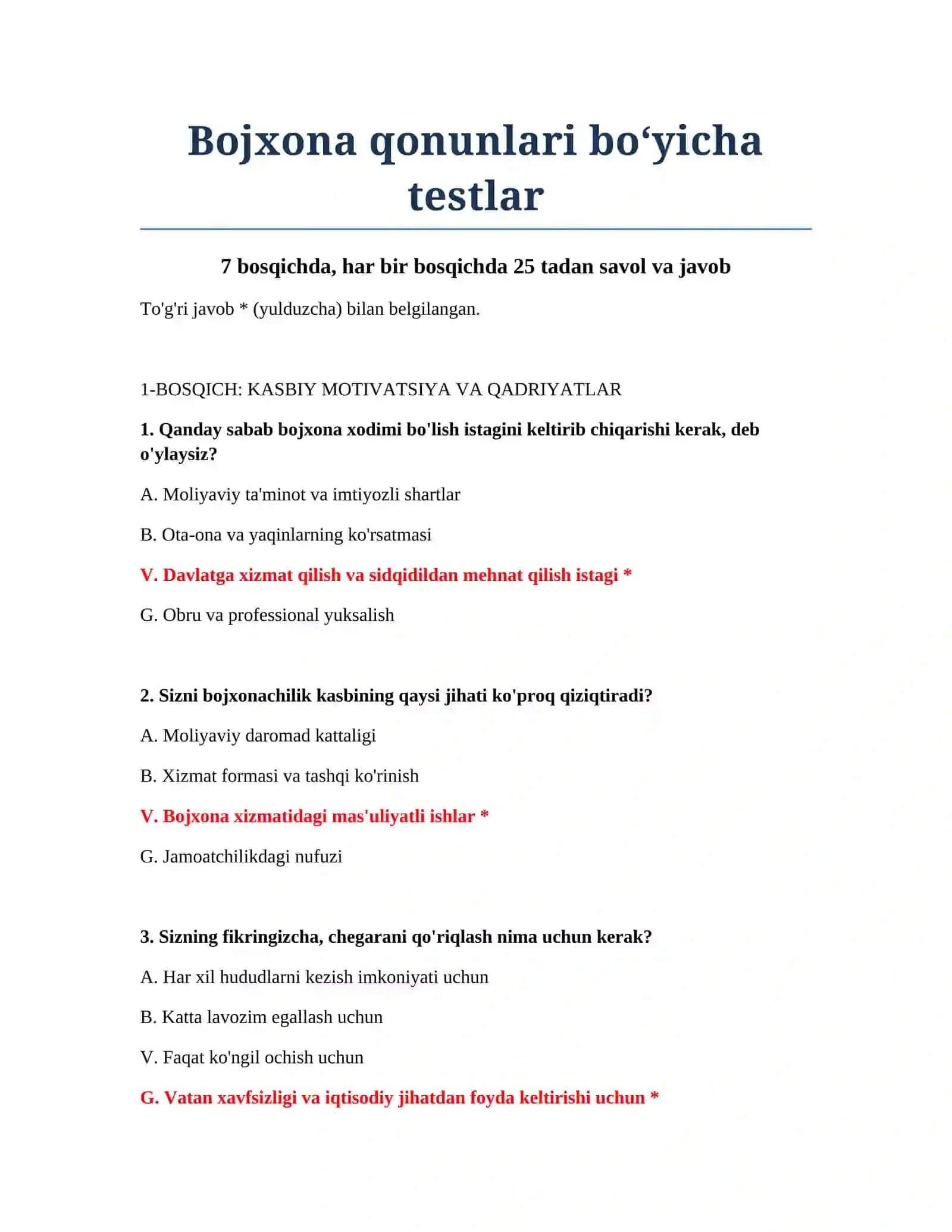 Bojxona qonunlari bo‘yicha testlar 2