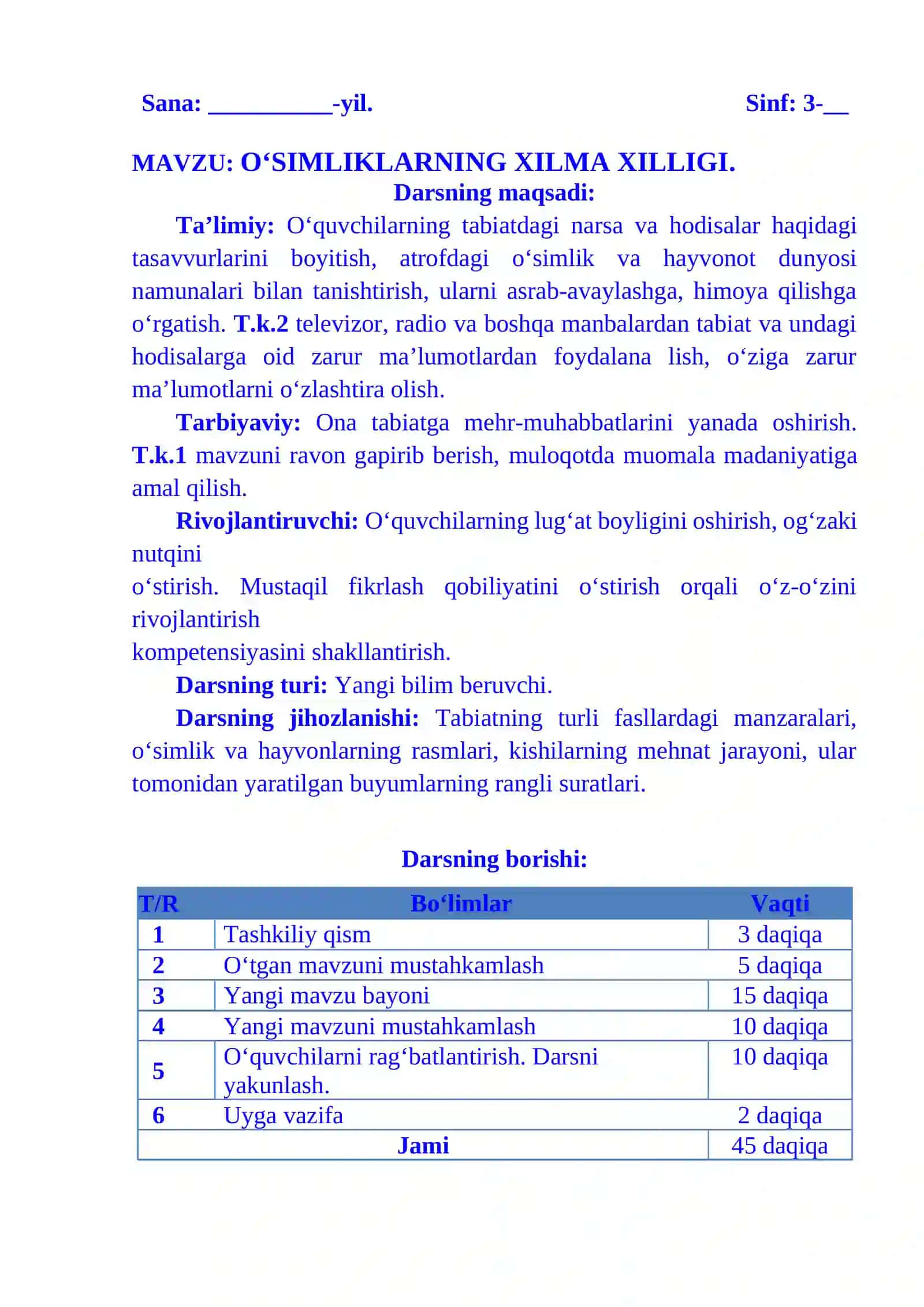 3-sinf Tabiiy fandan O'simliklar olamining xilma-xilligi mavzusida 1-chorak dars ishlanmasi 2