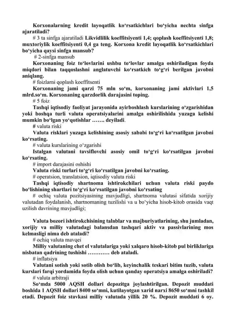"Moliyaviy risklar" yakuniy nazorat uchun , javobi bilan 2