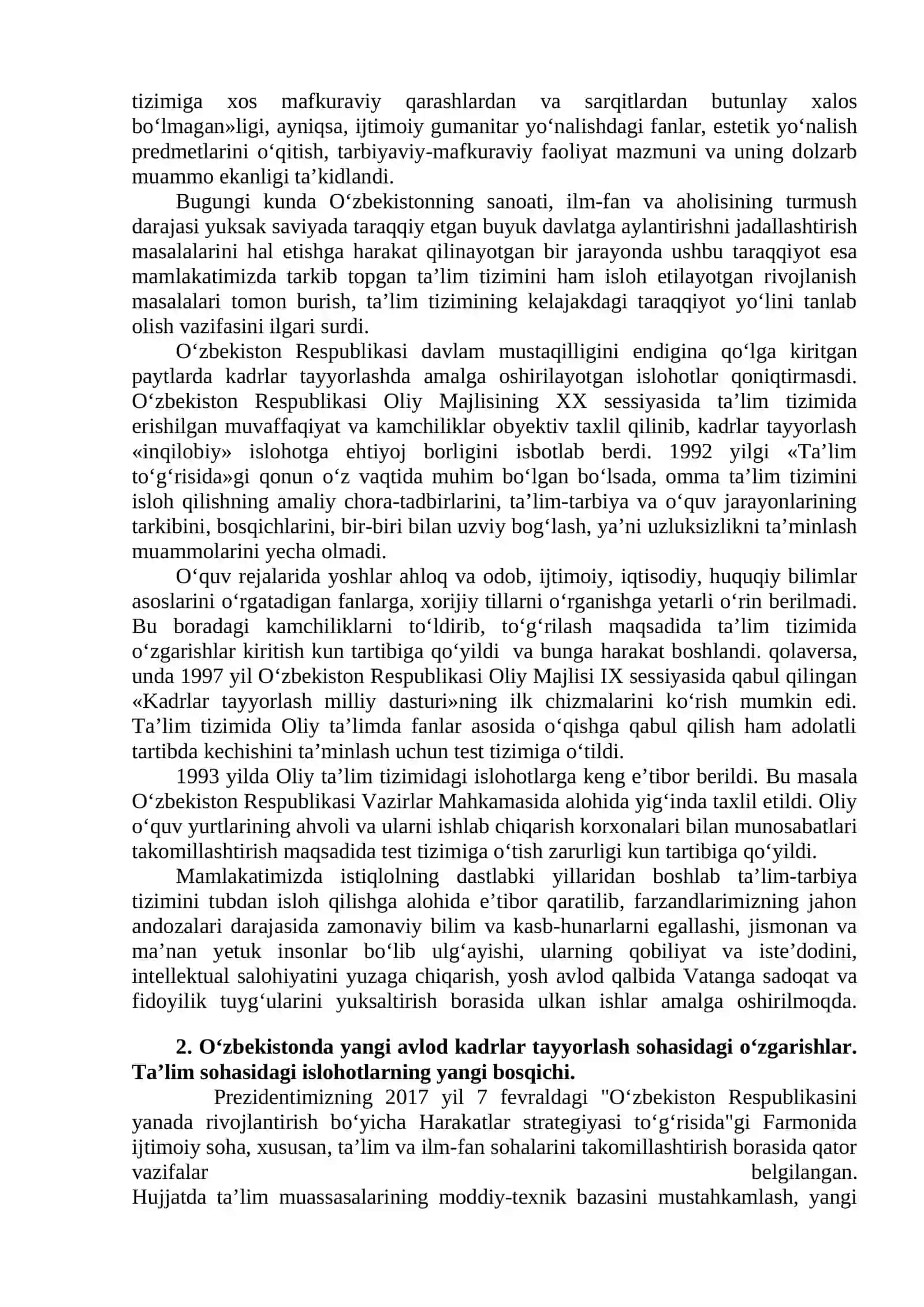 О‘ZBEKISTON RESPUBLIKASIDA TA’LIM SOHASIDA AMALGA OSHIRILGAN ISLOHOTLAR. MUSTAQILLIK YILLARIDA TA’LIM VA ILM-FANNING RIVOJLANISHI 2