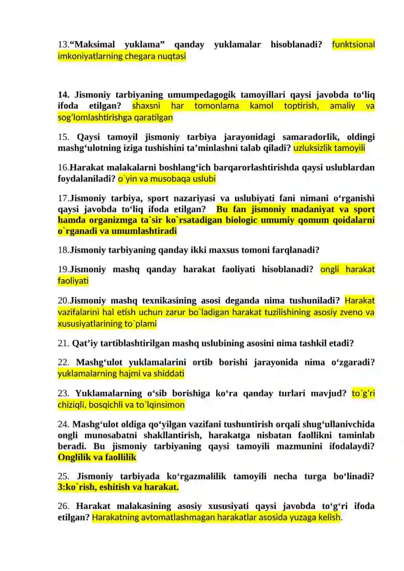 JISMONIY TARBIYA NAZARIYASI VA USLUBIYATI FANIDAN YAKUNIY NAZORAT SAVOLLARI 2
