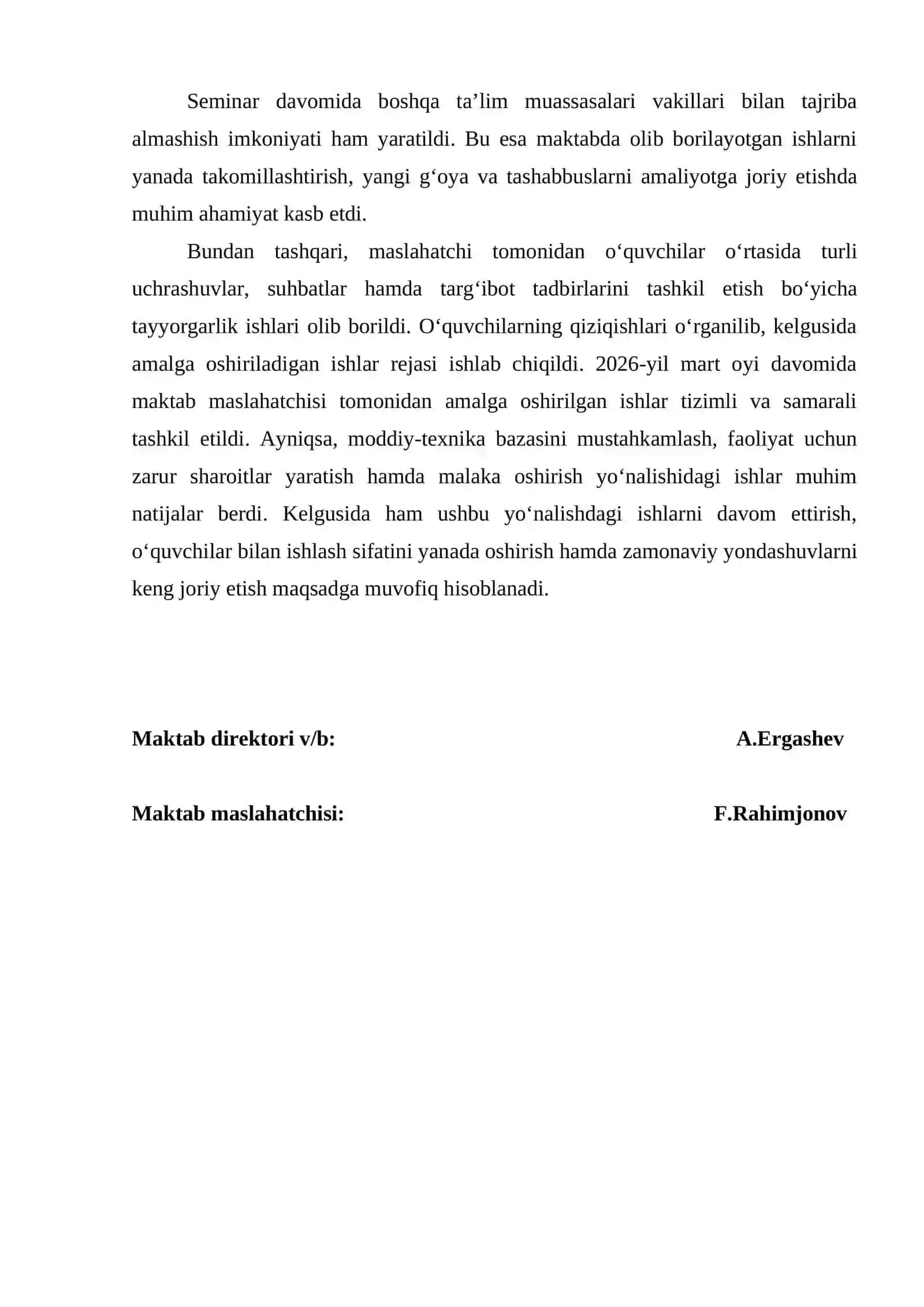 Maktab maslahatchisining 2026-yil mart oyi davomida amalga oshirgan ishlari haqida 2