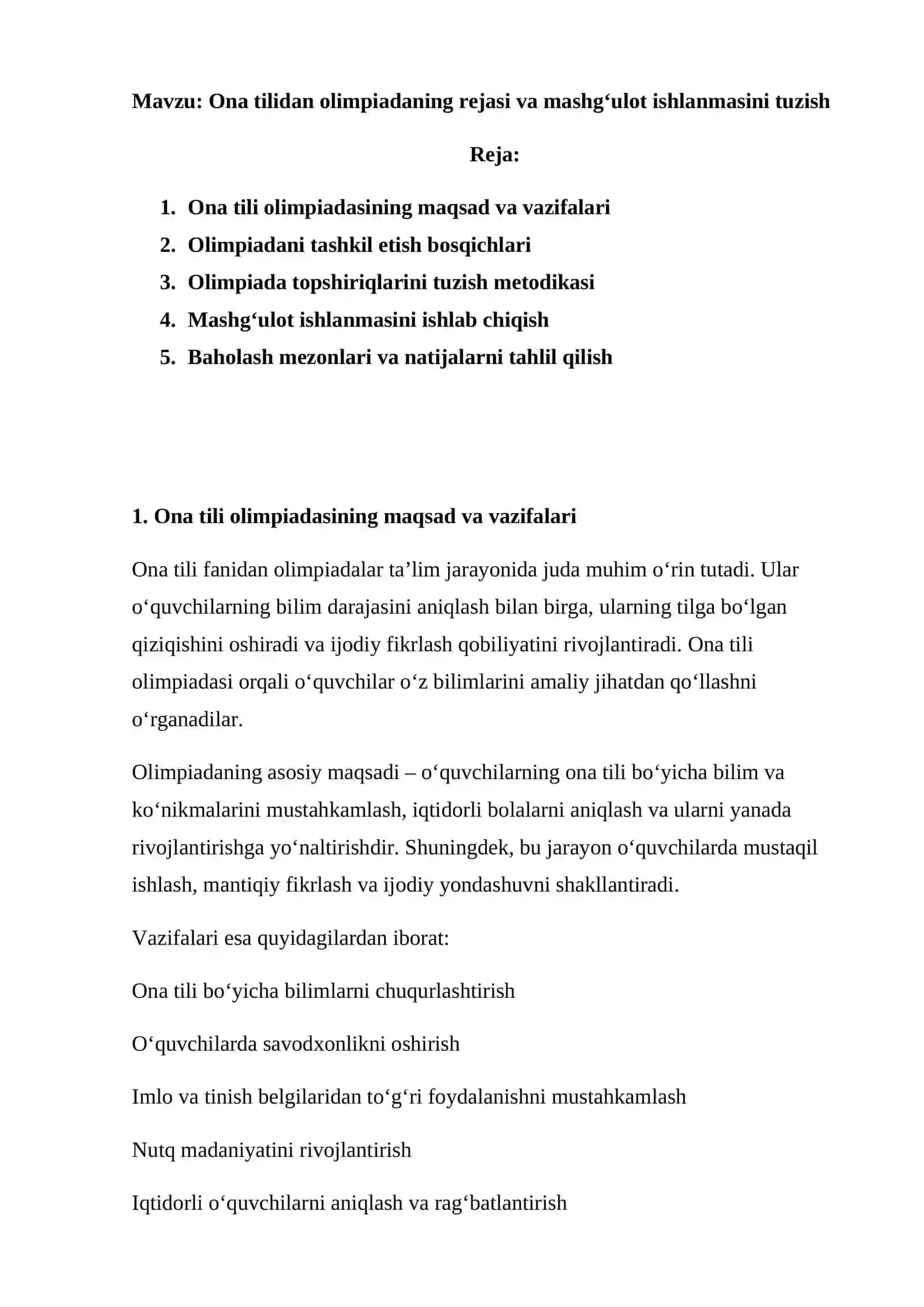 Ona tilidan olimpiadaning rejasi va mashg‘ulot ishlanmasini tuzish 2