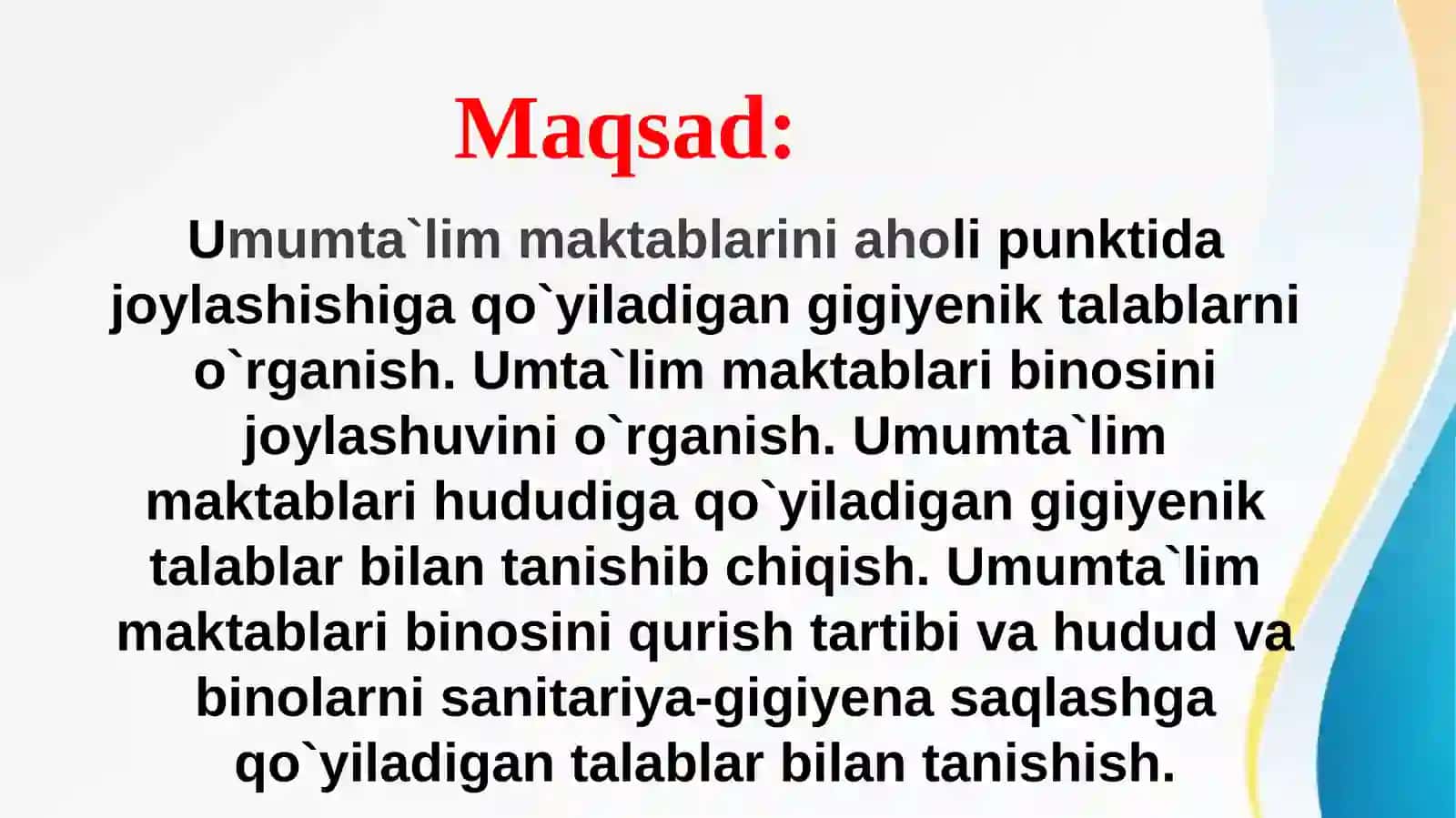 UMUMTA`LIM MAKTABLARI YER MAYDONIGA QO`YILADIGAN GIGIYENIK TALABLAR 2
