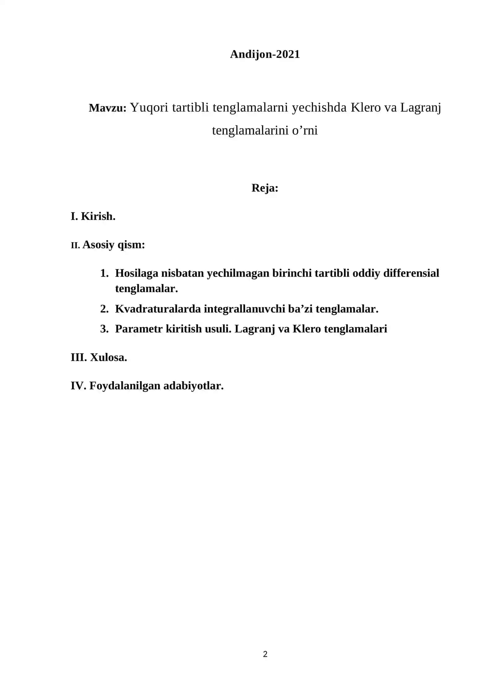 Oddiy differensial tenglamalar fanidan tayyorlangan KURS ISHI 2