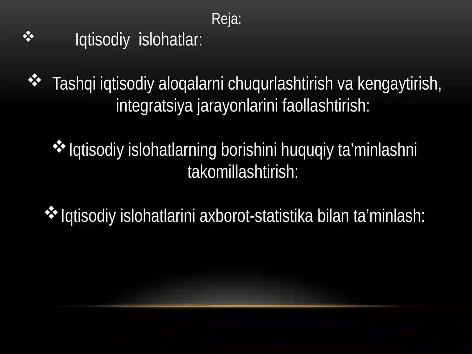 O’zbekistONDA  IQTISODIY   ISLOHATLARNI AMALGA  OSHIRISHDA  TAHSHQI  IQTISODIY  FAOLIYATINI  ERKINLASHTIRISHNING  AHAMIYATI. 2
