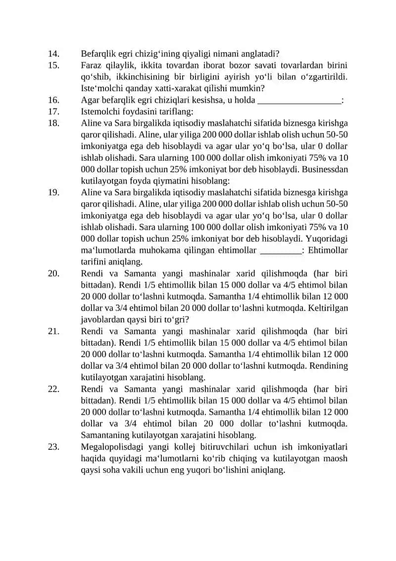 Mikroiqtisodiyot fanidan Yakuniy Nazorat Savollari 2