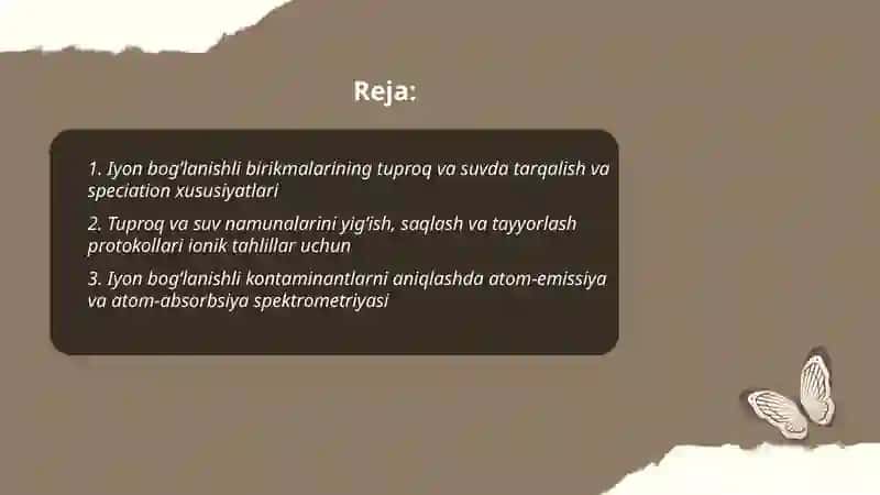 Tuproq suvning ifloslanishida ion boglanishli birikmalarni aniqlab ulardan tozalash gʻoyasini ishlab chiqish 2