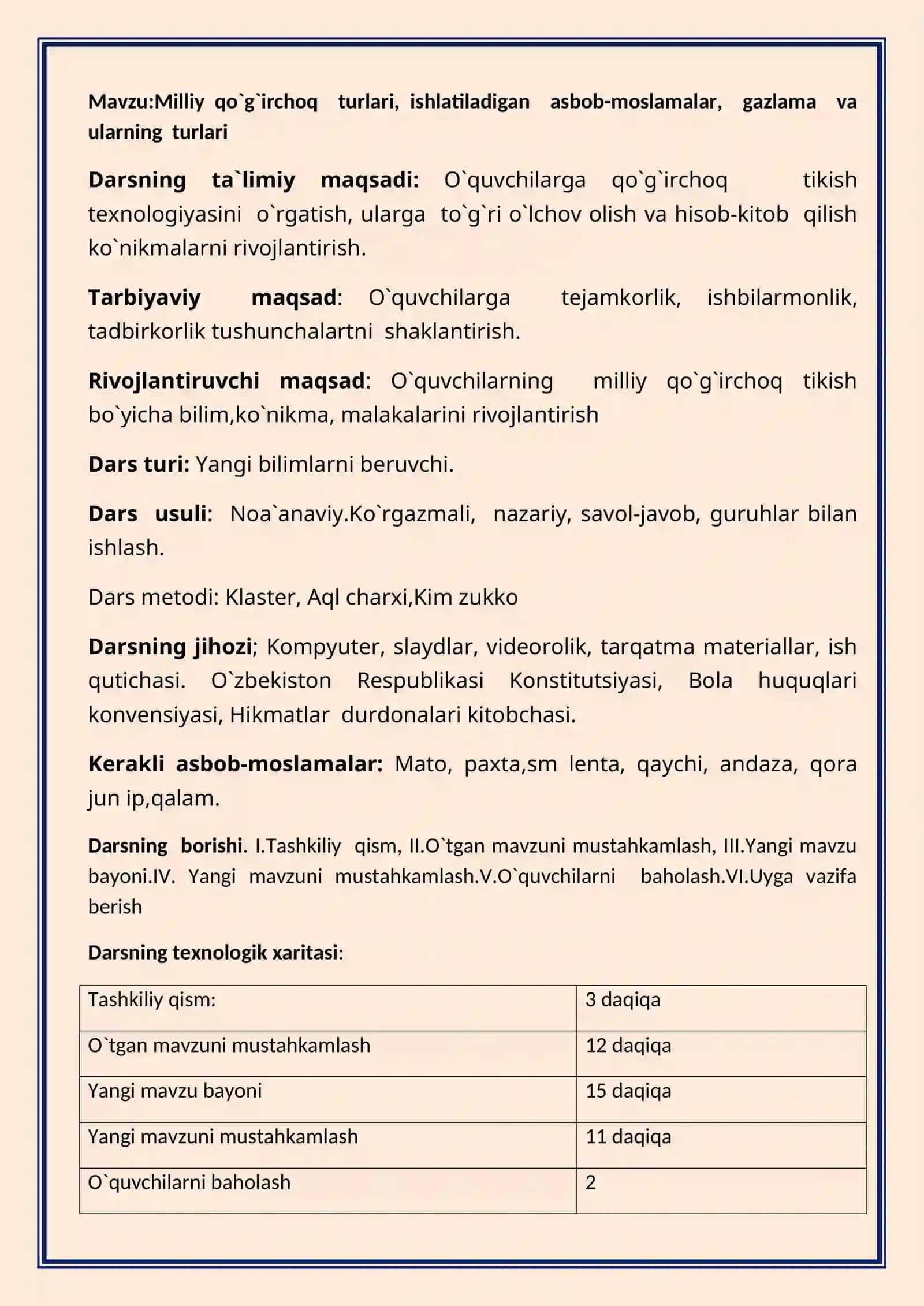 Texnologiya fanidan Milliy qo'g'irchoq turlari, ishlatiladigan asbob-moslamalar, gazlama va ularning turlari dars ishlanma 2