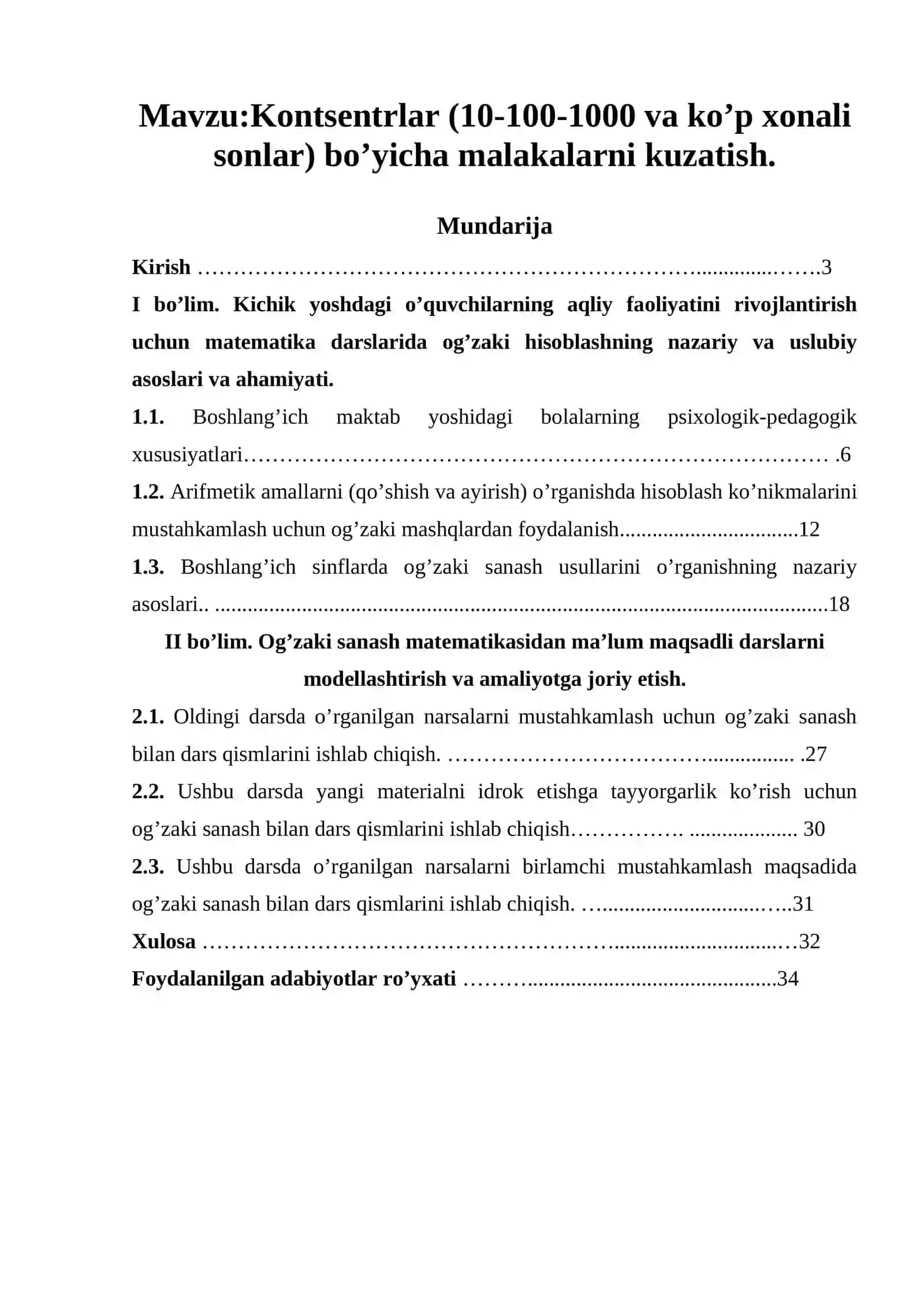 Kontsentrlar (10-100-1000 va ko’p xonali sonlar) bo’yicha malakalarni kuzatish 2
