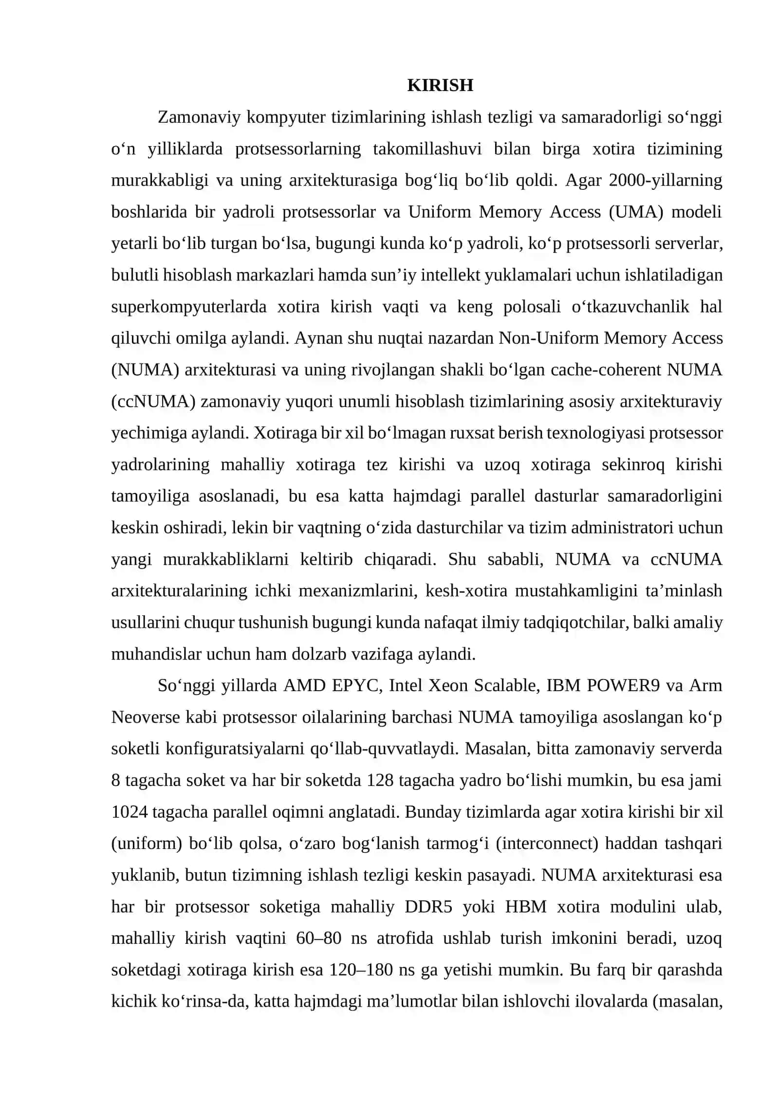 Xotiraga bir xil bo‘lmagan ruxsatlilik texnologiyasi, NUMA va ccNUMA arxitekturasi, kesh mustahkamligi. 2