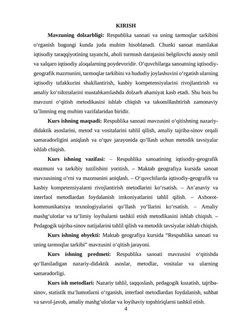Respublika sanoati va uning tarmoqlar tarkibi mavzusini o‘qitish metodikasi 2