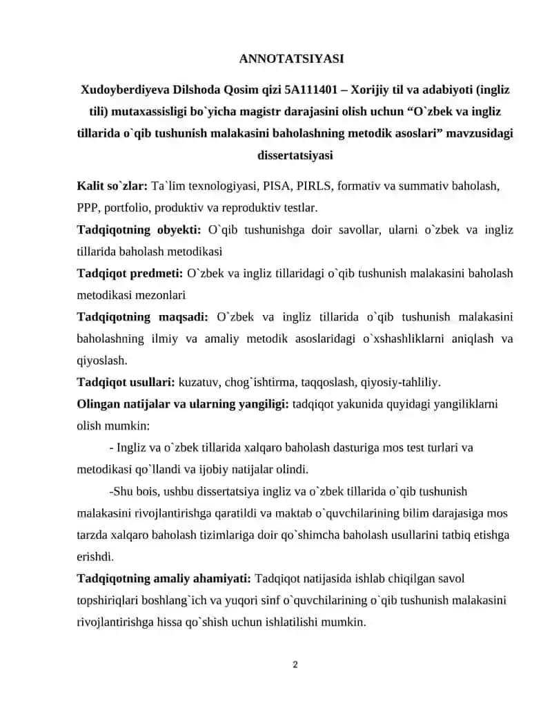 O`ZBEK VA INGLIZ TILLARIDA O`QIB TUSHUNISH MALAKASINI BAHOLASHNING METODIK ASOSLARI 2