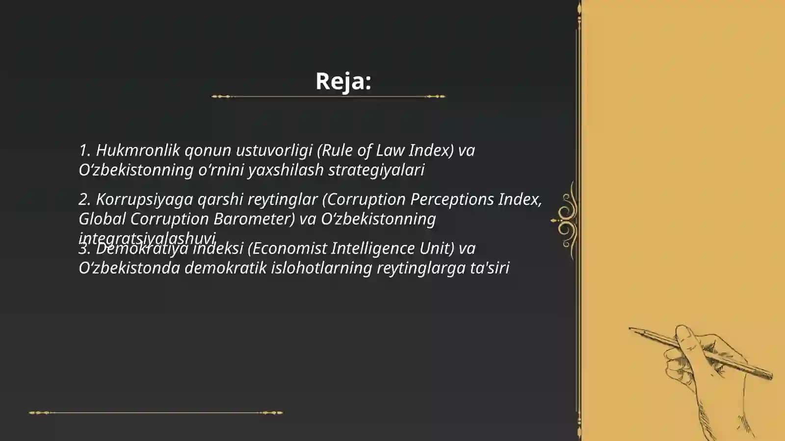 Siyosiy -huquqiy sohadagi ustuvor xalqaro reytinglar va ularga Oʻzbekistonning integatsiyalashuvi 2