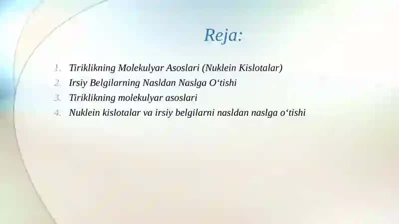 Molekulyar genetika.tiriklikning molekulyar asoslari.Nukelyin kislotalar va ularning irsiy belgilarini nasldan naslga oʻtishdagi yoʻli 2