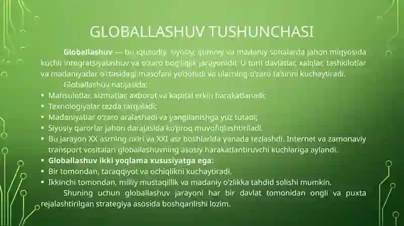 Globallashuv globalistika barqaror taraqqiyot jarayonlarining mohiyati 2
