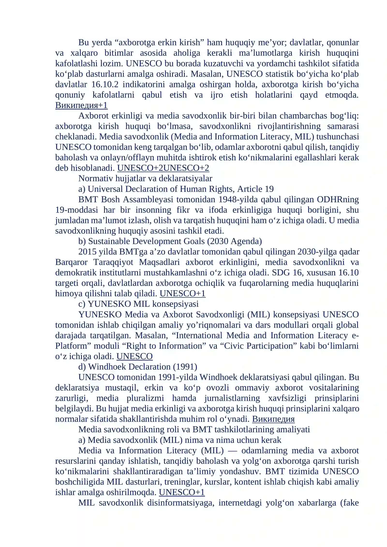 BMT VA YUNESKONING MEDIA SAVODXONLIK VA AXBOROT MADANIYATIGA MUNOSABATI 2