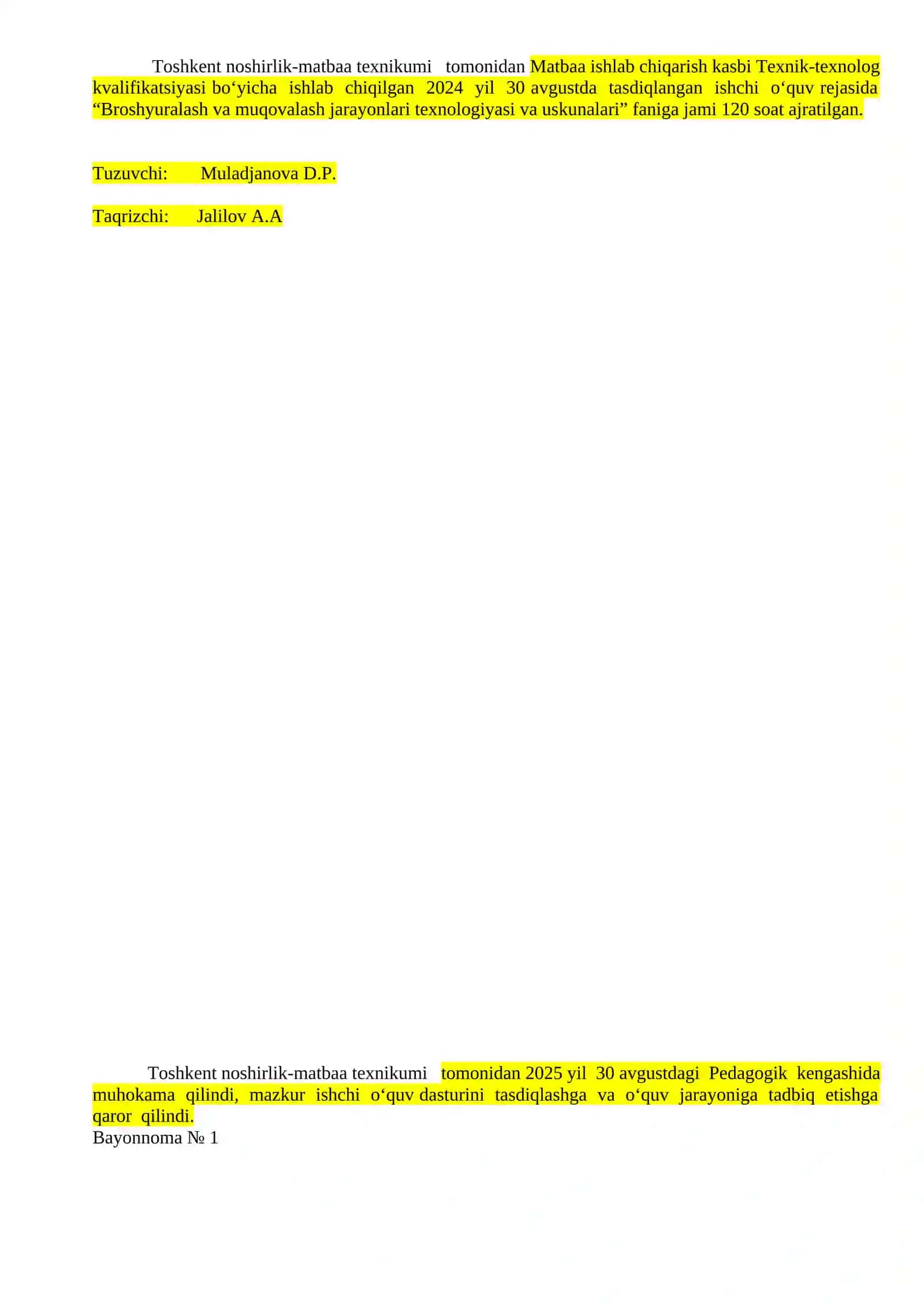 BROSHYURALASH VA MUQOVALASH JARAYONLARI TEXNOLOGIYASI VA USKUNALARI FANIDAN ISHCHI DASTUR 2