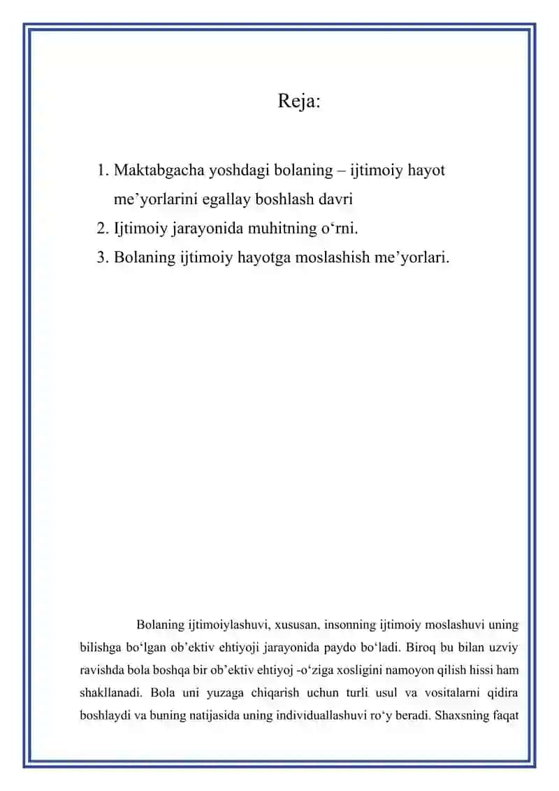 BOLALIK-INSONNING IJTIMOIY HAYOT ME’YORLARINI EGALLAY BOSHLASH DAVRI 2