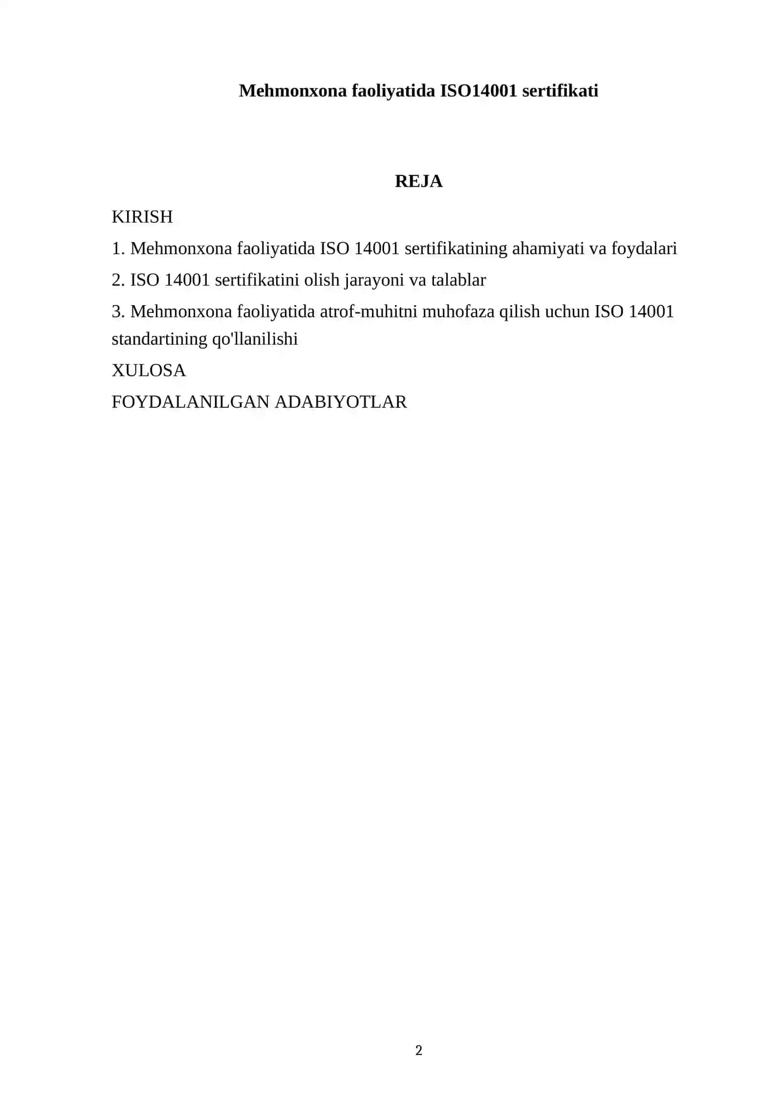 Mehmonxona faoliyatida ISO14001 sertifikati 2