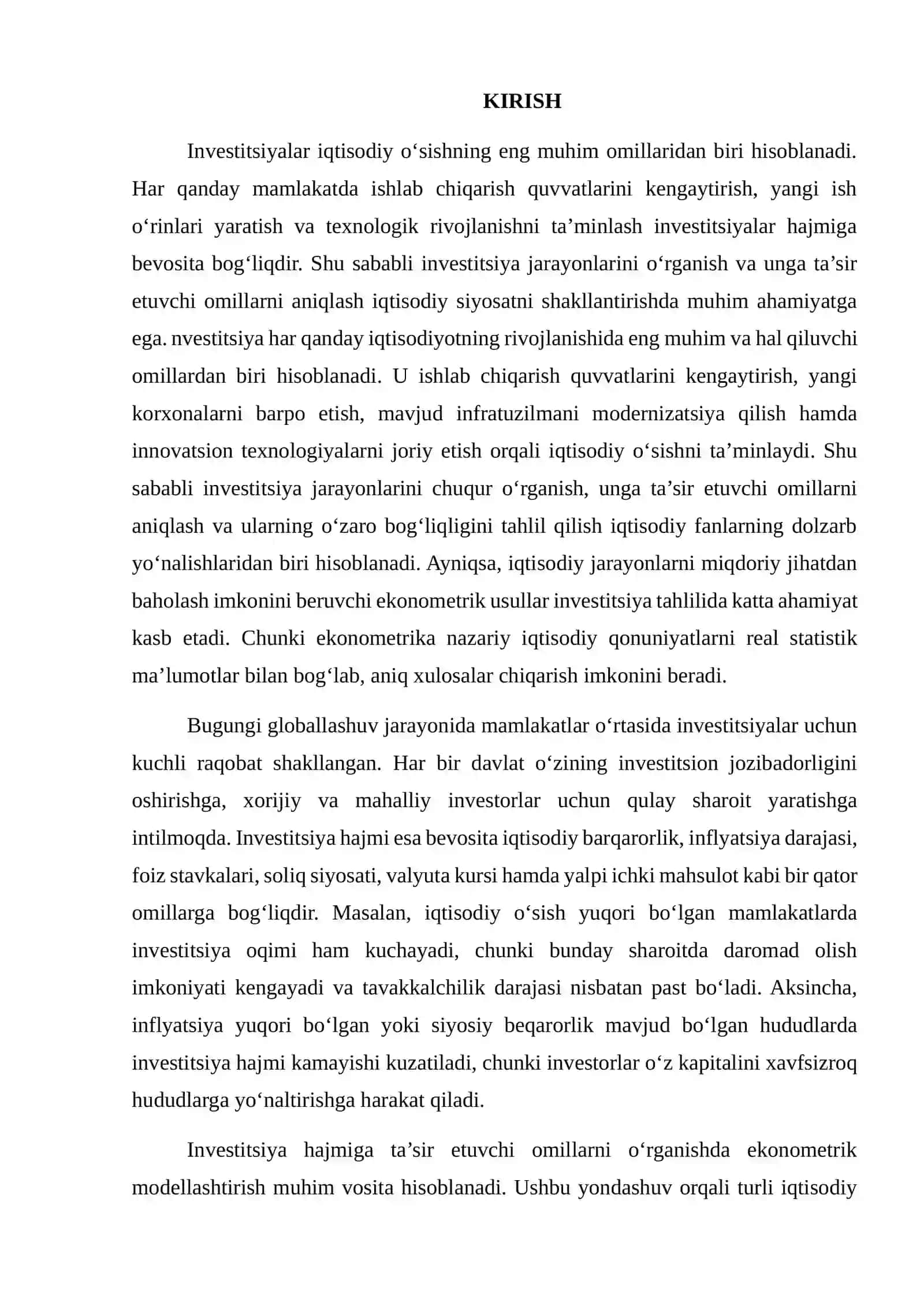 INVESTITSIYA HAJMIGA TA’SIR ETUVCHI OMILLARNI EKONOMETRIK TAHLIL QILISH 2